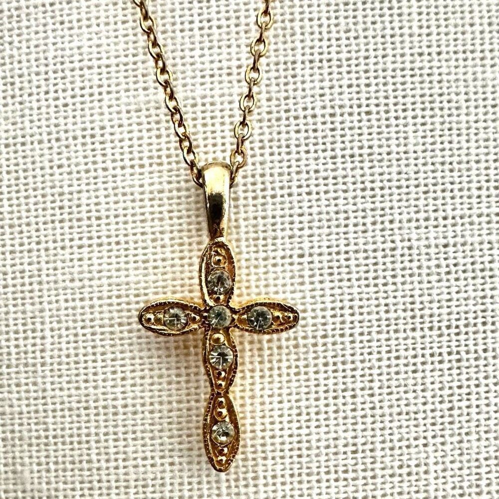 Gold tone faux diamond cross pendant necklace